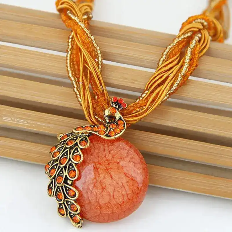  Boho Ethnic Jewelry Choker Handmade Pendant Necklace Stone Bead Peacock Statement Maxi Necklace For Women